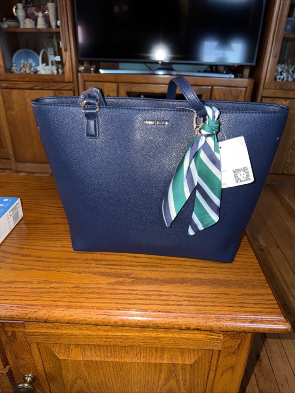 Anne Klein Navy with Green Striped scarf, charms & wristlet on Tote